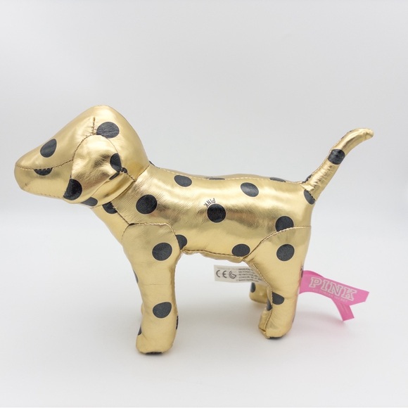 PINK Victoria's Secret Accessories - Victorias Secret PINK Dog Plush Stuffed Animal Metallic Gold Black Polka Dot 7”